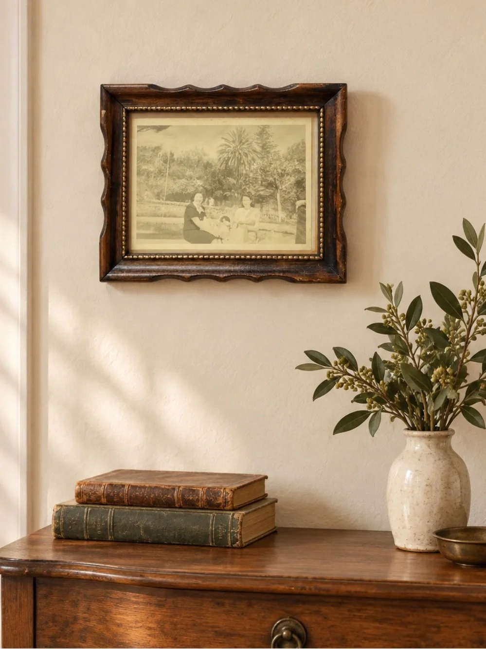 Vintage Scalloped Wood Frame with Gold Beaded Trim
